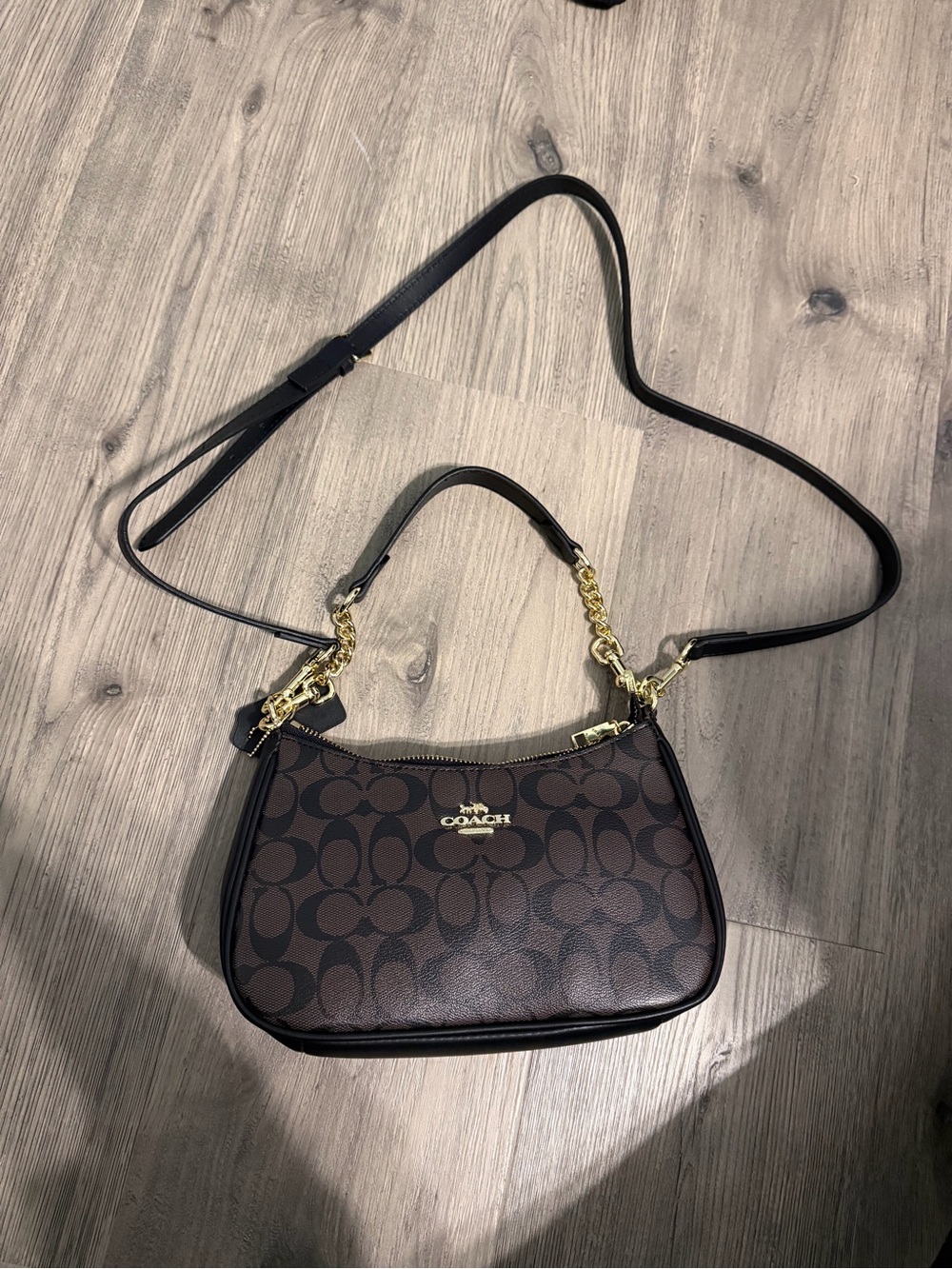 Coach Brown Signature Crossbody with Gold Chain Trim